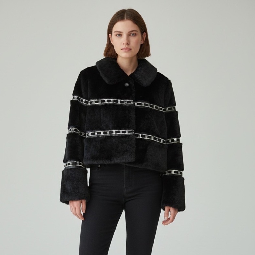 Diana Rosh New York Black Rabbit Fur Coat Rhinestone Trim Cropped Jacket M